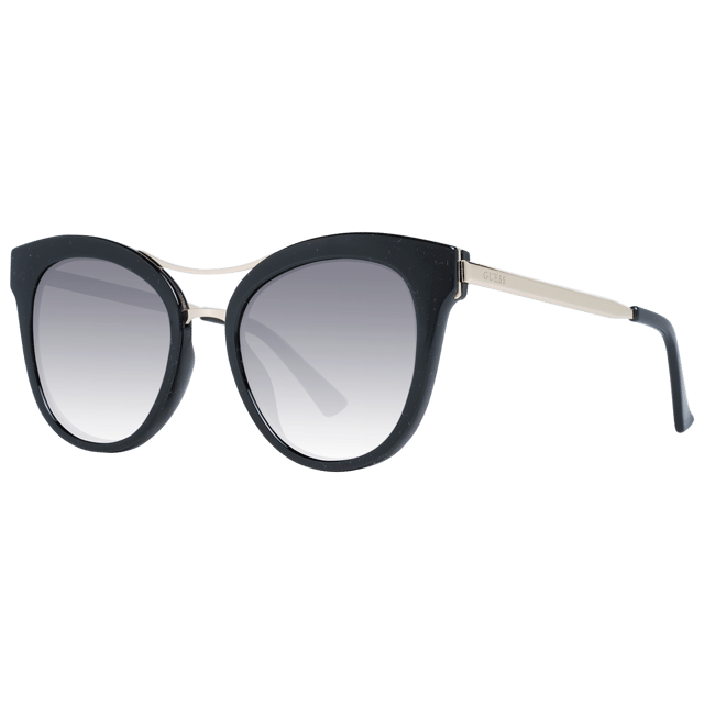 Guess Butterfly Womenss Black Grey Gradient GF0304  Sunglasses are a polished butterfly frame shape, exuding a sense of timeless elegance. The frame is crafted from high-quality acetate, known for its durability and lightweight feel, ensuring long-lasting comfort throughout the day. Slender temples feature the Guess logo for a touch of sophistication.