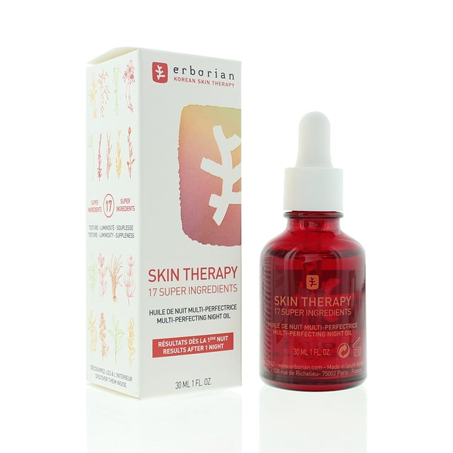Erborian Skin Therapy Multi Perfecting Night Oil is formulated with a blend of 17 plant extracts to deeply hydrate and rejuvenate. This rich yet lightweight oil works overnight to restore balance, improve skin texture, and enhance radiance, leaving your complexion feeling soft, smooth, and revitalized by morning. Perfect for overnight skin rejuvenation and a healthy, glowing complexion.