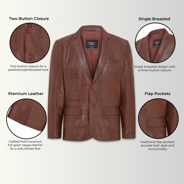 Una gran opción para crear un look sofisticado para ocasiones más formales, esta chaqueta blazer está confeccionada en nuestro cuero napa de grano completo de primera calidad. Con un solo pecho, dos botones y bolsillos con solapa ubicados en la cintura, esta chaqueta viene en el apreciado estilo tradicional. La chaqueta ha sido diseñada con una silueta delgada y se ajusta a la cintura para lograr el ajuste perfecto, con cuatro botones en cada puño abierto y una sola abertura en la parte trasera de la chaqueta también introducida para este propósito. Presentamos esta versión contemporánea del blazer clásico en combinaciones de colores negro y marrón para dos alternativas versátiles. • 100% cuero napa ultra suave de primera calidad • Blazer formal de un solo pecho con dos botones • 3 bolsillos externos y 2 internos • Cuatro botones en cada puño y una sola abertura en la parte trasera de la chaqueta