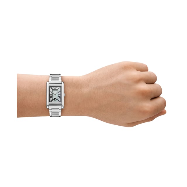 This Emporio Armani Gino Analogue Watch for Women is the perfect timepiece to wear or to gift. It's Silver  Rectangular case combined with the comfortable Silver Stainless steel watch band will ensure you enjoy this stunning timepiece without any compromise. Operated by a high quality Quartz movement and water resistant to 5 bars, your watch will keep ticking.