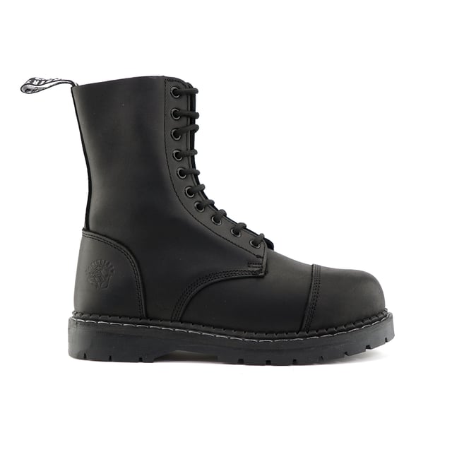 The Stag ACS, a celebrated staple of Grinders' original lineup, has maintained its status as a best seller with its 2015 update. This updated model features a 10-eyelet lace system for a secure fit and is reinforced with a steel toe cap certified to EN ISO 20345:2011 SB standards for enhanced safety. The boot's padded insole provides added comfort, while its durability is assured by a chunky, oil-resistant rubber sole that is Goodyear welted for long-lasting wear. Additionally, the Stag incorporates Grinders' Air Cushioned Soles (ACS) for superior comfort. A branded pull loop at the boot's opening ensures ease of wear and removal. 10 Eyelet Derby Boot, Steel Toe (Certified EN ISO 20345:2011 SB), Goodyear Welted, Grinders’ Air Cushioned Soles (ACS), Leather Uppers