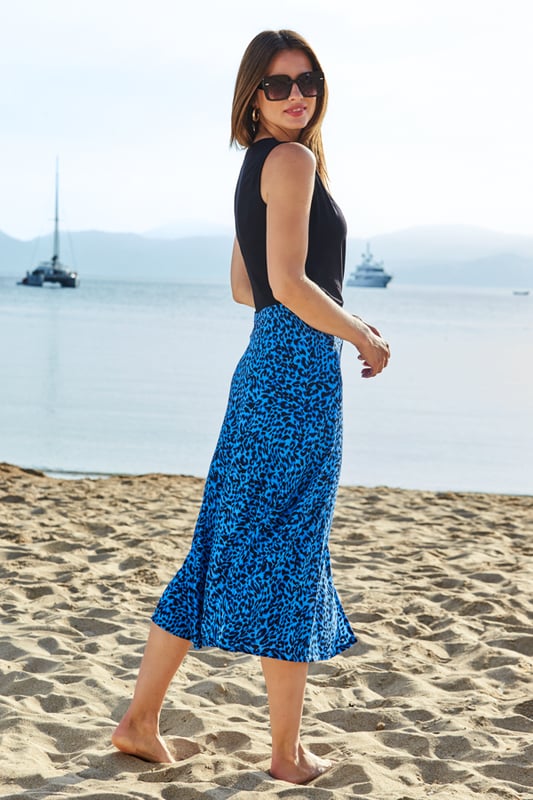 Blue Animal Print Split Hem Midi Skirt