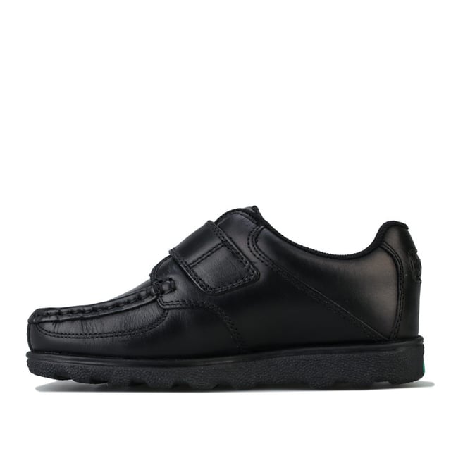 Children Boys Kickers Fragma Lo Strap Leather Shoes in Black <BR>- Hook and loop strap fastening <BR>- Padded collar <BR>- Iconic red and green branded tabs to sides <BR>- Smooth leather upper <BR>- Embossed branding <BR>- Leather Upper  Textile Lining  Synthetic Upper <BR>- Ref: 114862
