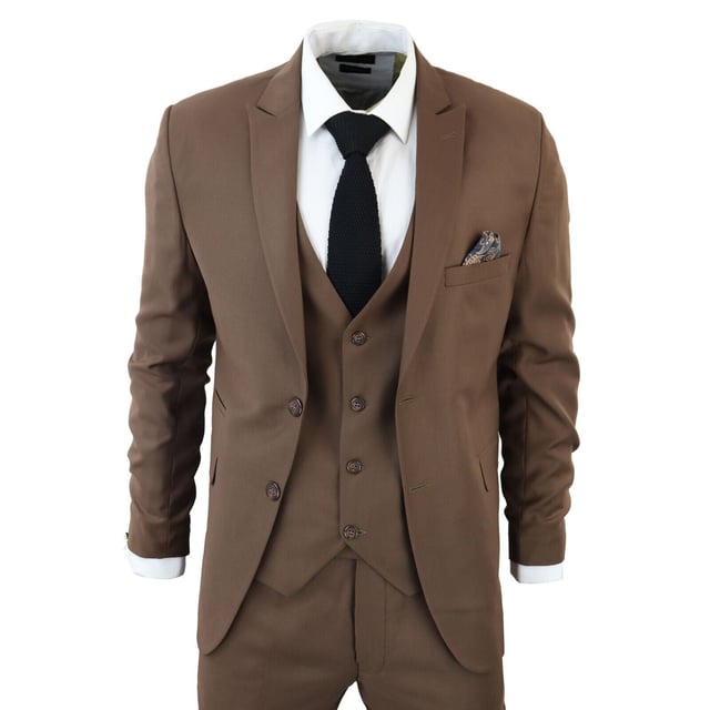 Indulge in Classic and Elegant Design with this men's 3-piece suit, featuring a timeless Brown color ideal for formal occasions. Product Design Bullet Points:  
Versatile Formal Attire: Suitable for weddings, business events, or special occasions, ensuring a sharp and well-dressed look.
 
Complete 3-Piece Set: Includes a jacket, vest, and trousers for a polished and coordinated outfit.
 
Premium Material: Crafted from high-quality materials for comfort and durability.
 
Tailored Fit: Offers a tailored fit that complements your body shape, enhancing your appearance and confidence.
 
Timeless Brown Color: Perfect for a classic and sophisticated look, suitable for various formal settings.  Â Made from a blend of 65% Polyester and 35% Viscose for a comfortable and stylish finishSizes	Jacket & Trouser Size
36R :	36" (Chest) 30" (Waist)
38R :	38" (Chest) 32" (Waist)
40R :	40" (Chest) 34" (Waist)
42R : 	42" (Chest) 36" (Waist)
44R :	44" (Chest) 38" (Waist)
46R : 	46" (Chest) 40" (Waist)
48R :	48" (Chest) 42" (Waist)
50R :	50" (Chest) 44" (Waist)
52R :	52" (Chest) 46" (Waist)
54R :	54" (Chest) 48" (Waist)