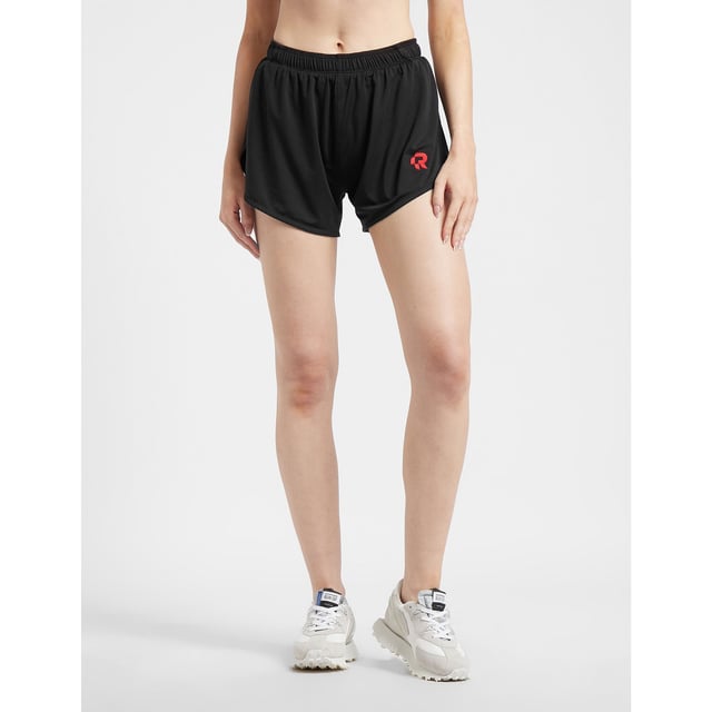 Created by women for women  Red Run are passionate about creating activewear that fits your body and lifestyle. Making sure you feel and look good whatever your day entails  Red Run use only the best in luxurious and breathable materials  ensuring you feel comfortable and confident with every step. They present to you the Inky Collection which includes the Running Shorts in black  the perfect activewear essential. Details: black colourway  polyester construction  attached interior shorts  elasticated waistband  split hem  short length  regular fit  tonal stitching and contrast branding to the leg to complete. This item is true to Red Run Brand sizing XS (UK 8) up to XL (UK 16).