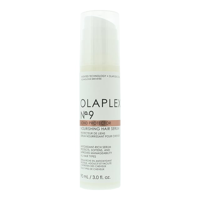 No.9 Bond Protector Nourishing Hair Serum, from Olaplex, used on damp hair nourishes, repairs and protects your hair. Provides heat protection for your hair and reduces tangles and static. It improves your hairs memory to keep the bounce in your curls. Protects against pollution and neutralizes free radicals. Vegan friendly.