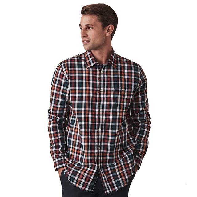 Refresh your shirt collection for the cooler months, with our poplin shirt in navy,red,white. Cut from  100% cotton in a classic fit, this button down has complementary embroidery on the chest and hanger loop. Team with chinos and desert botts for a timeless autumn ensemble.