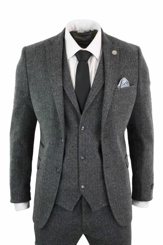 Men's Piece Charcoal Grey Herringbone Tweed Suit - Main Image
