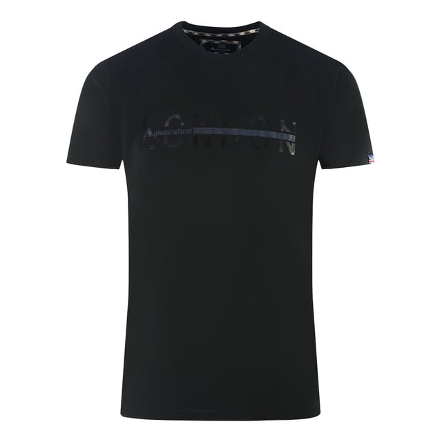 Aquascutum London 1851 Split Logo Black T-Shirt. Experience premium craftsmanship in this Aquascutum "1851" Logo Black T-Shirt. Featuring the iconic brand logo, it's an essential piece for any wardrobe - invest in classic luxury today!. London Logo Split Across The Chest With Branding Printed Through. 100% Cotton, Regular Fit, Fits True To Size. Crew Neck Tee, British Flag Badge On Left Sleeve, Black Tee. Style Code: T00423 99