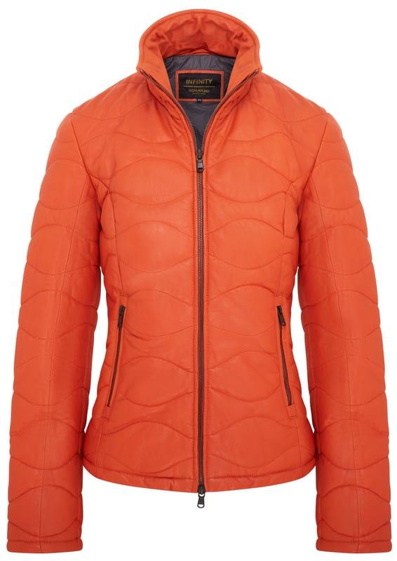 Experience the perfect blend of sophistication and practicality with our Infinity Signature Range Women's Leather Puffer Jacket. Crafted from premium sheep nappa leather, this jacket features innovative insulated quilting and staggered horizontal dash quilt lines for superior warmth and timeless style. Designed with functionality in mind, it boasts an exposed UMZ zip, stand up collar, for added comfort. Zipped handwarmer pockets provide warmth, while the fully cotton-lined interior with two vertical zipped pockets and a phone pocket ensures convenience. This jacket redefines elegance and durability, making it an essential addition to your wardrobe.

Key Features:

Premium sheep nappa leather for luxurious softness.
Insulated quilting for enhanced warmth and style.
Exposed UMZ zip and clever collar zip for unique detailing.
Elastic-trimmed cuffs for added comfort and protection.
Two zipped handwarmer pockets and two inner pockets.
Fully nylon-lined interior with two zipped pockets and a phone pocket.
Timeless design perfect for versatile styling.