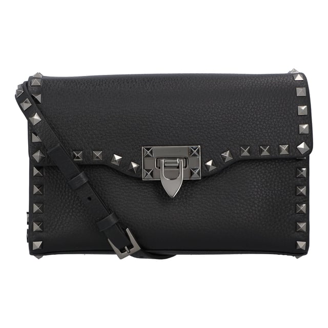 Small Valentino Garavani Rockstud shoulder bag in grained calfskin.– Metal parts and studs with ruthenium finish– Hook closure– Adjustable shoulder strap– Cotton lining. Inside: open pocket– Shoulder strap length: 54 cm– Dimensions: W 22.5 x H 15 x D 6 cm– Made in Italy
