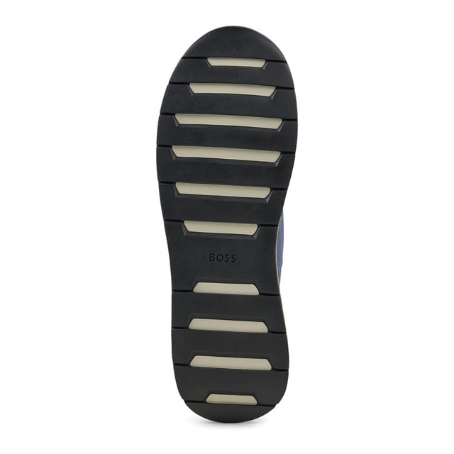 Mens BOSS Titanium Running Trainers in blue.- Stretchy knitted upper.- Lace up fastening.- Pull tabs on the collars and tongues.- Signature BOSS lettering to the heels  tongues and lateral sides.- Rubber sole.- Ref: 50470596-438