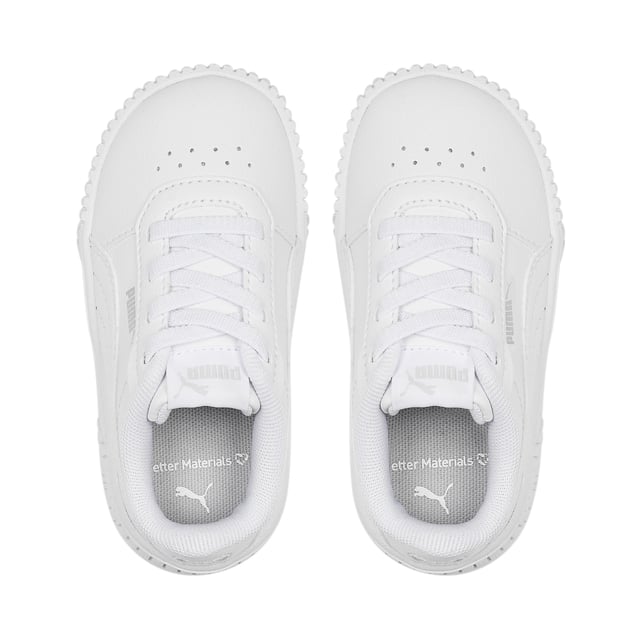 PRODUCT STORY For our next generation of sneaker fans, the Carina 2.0 AC is designed specifically for little feet with an easy-on/off elastic lacing system and our Kinder-Fit® removable sockliner for an improved fit. We've added a chunky textured sole for a fresh new look your little one will love. FEATURES & BENEFITS Recycled Content: The upper of this shoe is made with at least 20% recycled materials as a step toward a better future DETAILS Synthetic upper with perforated vampKinder-Fit® socklinerAlternative closure with elasticated laces for easy on/offRubber midsoleRubber outsolePUMA Formstrip on medial and lateral sidesPUMA No. 2 Logo on quarter panelPUMA Babies' style: Recommended for toddlers between 0 and 4 years