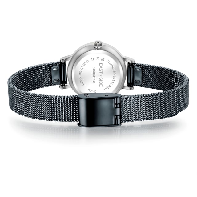 GENERAL INFORMATION:  • Targetgroup: Female  • Wristwatch: No Special Functions  • Display: analogue  • Weight of watch w/o box (gr.) - approx.: 24,0  MOVEMENT:  • Movement: Quartz  • Term of Movement: VC10  • Origin of movement: Japan  BRACELET:  • Material of bracelet/strap: Stainless steel  • Plating of bracelet/strap: Ion-Plating (IP)  • Finishing of bracelet/strap: Smooth  • Finishing/Decoration of bracelet/strap: None  • Clasp/Closure/Buckle: Slide Clasp  • Color of bracelet/strap: Blue  • Length of bracelet/strap (mm) approx.: 190,0  • Width of bracelet/strap (mm) approx.: 9,5  • Style/Design of bracelet/strap: Mesh band (Millanaise Style)  • Bracelet/strap adjustable?: No  CASE:  • Shape of case: Round  • Size/Diameter of case in mm . approx.: 24,0  • Height of case in mm: 7,6  • Case material: Metal (Alloy)  • Surface of case: Polished  • Bezel/Topring: Fixed  • Finishing/Decoration of case: None  • Material of case back: Stainless steel  • Lock of case back: No screwed-in crown  • Color of case: Silver  • Coating/Plating (Case): None  • Type/Form of crystal: Flat  • Material of crystal: Mineral crystal  • Water resistant (ATM): 3  DIAL:  • Size jewelry care cloth: Hour, Minute  • Indices: Line indices  • Material of dial: Brass  • Structure/pattern of dial: Flat  • Color of dial: Blue  PUSHER, CROWN, HAND:  • Pusher: None  • Corrector: No  • Crown: No screwed-in crown  • Type of hands: Dauphine hands  • Luminescent (hands): No  PACKAGING & SCOPE OF DELIVERY:  • Box: Yes  • Service booklet: Yes  • Manual: Yes