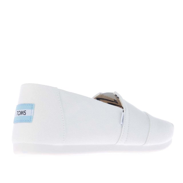 Womens Toms Recycled Cotton Canvas Alpargata Espadrille Pumps in white.- Recycled cotton upper  lining and sock-liner made with 50% recycled cotton.- Classic Alpargata design.- Toe-stitch and elastic V for easy on and off.- Chevron patterned canvas lining.- Custom insoles made with 50% eco content including recycled PU foam.- Direct injection outsole for flexibility and durability with tread pattern for improved traction.- Toms branding to side and back of heel.- 100% vegan construction.- Textile upper  Textile lining  Synthetic and textile sole.- Ref:10017739