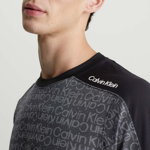 Mens Calvin Klein Logo Mesh Gym T- Shirt in black.- Crew neckline.- Short sleeves.- Solid panels along the sleeves.- Rubberised logo at the shoulder.- Calvin Klein all-over logo jacquard.- Technical stretch mesh.- Regular fit.- Ref: 00GMS4K178BAE