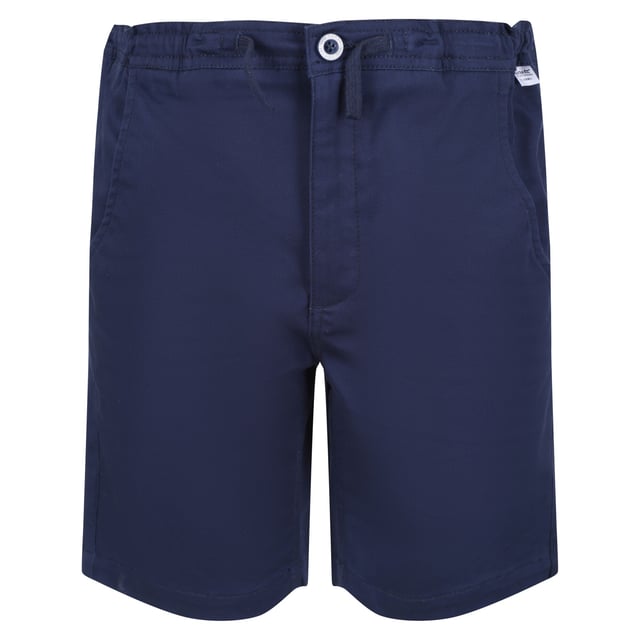 Regatta Childrens/Kids Alber Ottoman Shorts (Navy) 98% Cotton, 2% Elastane. Fabric: Coolweave, Ottoman, Soft Touch, Stretch. Design: Plain. Pockets: 2 Side Pockets, 1 Patch Pocket. Fastening: Button. Belt Loops, Branded Buttons, Branded Tab, Zip Fly. Fabric Technology: Breathable, Moisture Wicking. Waistline: Drawstring, Elasticated. Sustainability: Sustainable Materials.
