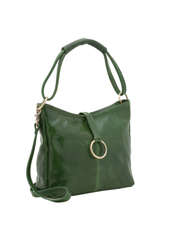Bolso bandolera para mujer. El cierre es con cremallera. Hay dos bolsillos internos con cremalleras. Los bolsillos externos son uno en la espalda con cremallera. La bandolera es extraíble en piel. El mango es de piel. Hay dos compartimentos internos. El material exterior es auténtica piel de vacuno. Internamente está forrado en algodón. Medidas: 29x32x11 cm. Hecho en Italia