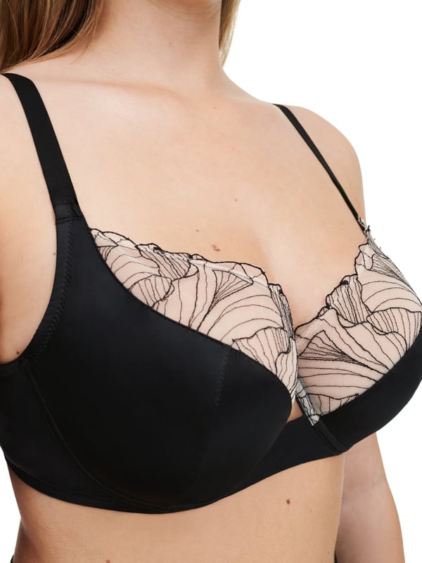 Chantelle Tattoo Love Covering Full Cup Bra. Full coverage non padded underwired bra with tattoo effect embroidery and centrepiece cut out detail. Product is recommended hand wash only.