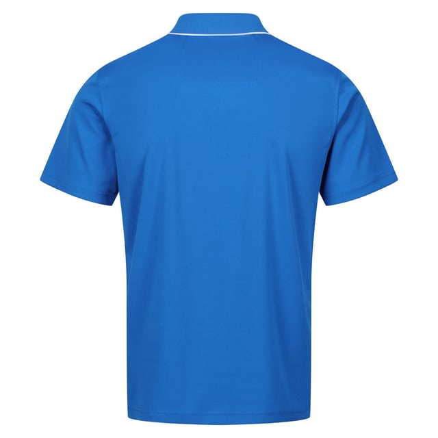 Material: 100% quick dry polyester pique fabric. Ribbed collar. Good wicking performance. 3 button placket. Short sleeves.
