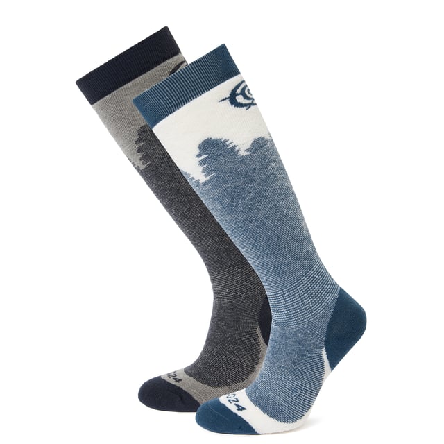 Aprica 2 Pack Womens Ski Sock Dark Indigo/Jewel Blue If you want to ski in comfort then you need a pair of our Aprica Ski Socks. These sumptuous socks feature heavy cushioning, which means there's padding right the way around the sock making these perfect for anyone who wants to ensure total protection for thier feet. You can be sure that rubbing and blistering will be kept to a minimum, so you can focus on the slopes ahead. These socks are made from a merino fabric blend and include great features like re-inforced heel and toe areas, elastic support at the ankle and foot arch and a non-slip grip cuff to keep your socks tight against the leg. These socks come in a range of colours and boast a cool Alpine design so you'll look as good as you feel.