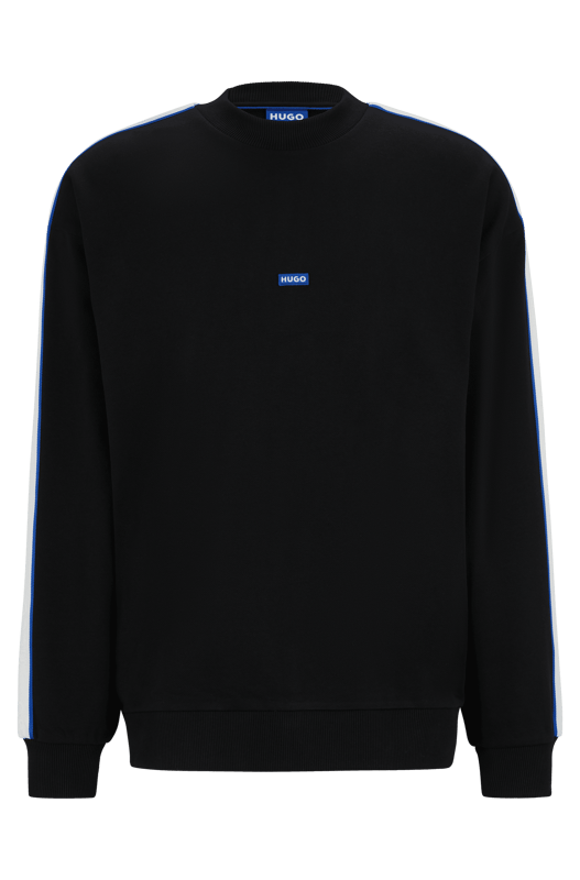 A fresh sweatshirt by HUGO Menswear. Designed in cotton terry  this regular-fit layer is trimmed with a branded patch and tape down the shoulders. mid weight french terry like rectangle logo story - HUGO BLUE logo patch on center chest - HUGO BLUE tape on arm and shoulder - ribbed collar  hem and cuffs