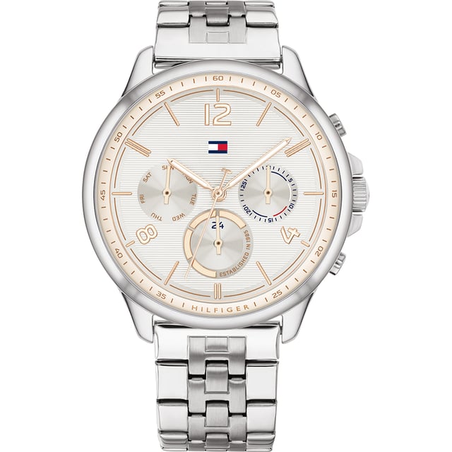 This Tommy Hilfiger Harper Multi Dial Watch for Women is the perfect timepiece to wear or to gift. It's Silver 38 mm Round case combined with the comfortable Silver Stainless steel will ensure you enjoy this stunning timepiece without any compromise. Operated by a high quality Quartz movement and water resistant to 3 bars, your watch will keep ticking. This Elegant and practical watch is perfect for all occasions.  It’s a great gift for your relatives and friends - The watch has a Calendar function: Day-Date, Luminous Hands, 24-hour Display High quality 19 cm length and 17 mm width Silver Stainless steel strap with a Fold over with push button clasp Case diameter: 38 mm,case thickness: 8 mm, case colour: Silver and dial colour: Silver