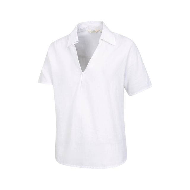 Outer Materials: 55% Linen, 45% Cotton. Design: Plain. Neckline: Deep V, Turn Down Collar. Hem: Dropped. Fastening: Pull Over. Sleeve-Type: Short-Sleeved. Fabric Technology: Breathable, Lightweight. Central Back Pleat. Fit: Relaxed Fit.