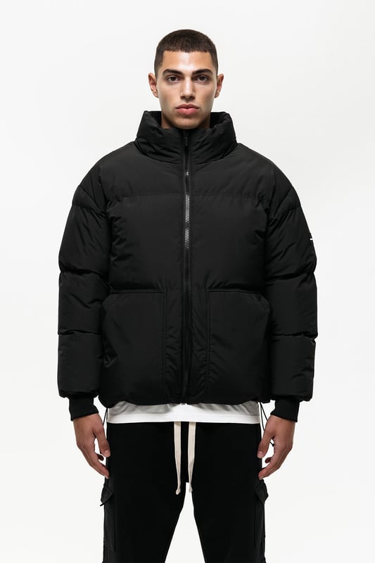 Black Zip Through Funnel Neck Puffer Jacket