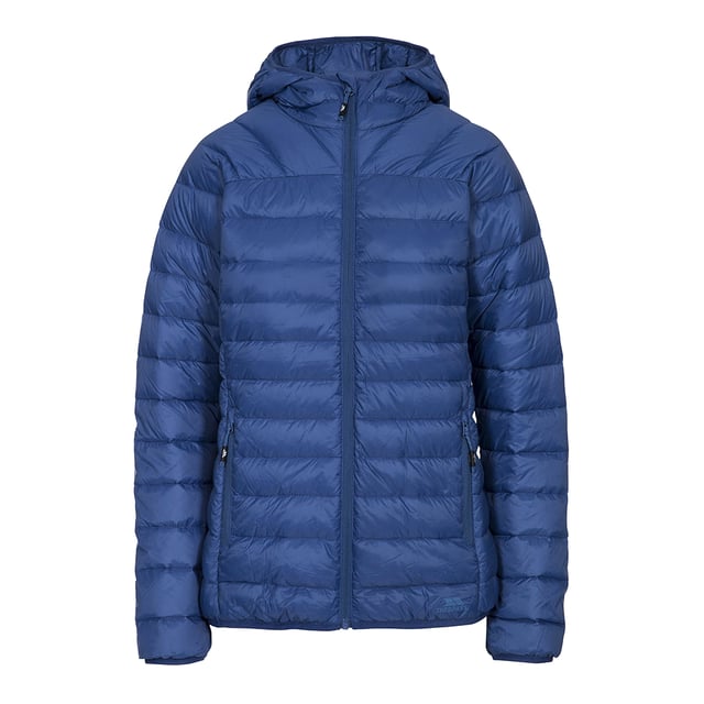 Ultra lightweight jacket with grown on hood and 2 lower zipped pockets. Low profile front zip. Stuff sack in pocket. Matching binding at hood, cuffs and hem. Shell: 100% polyamide. Lining: 100% polyamide. Filling: 90% down, 10% feathers. Trespass Womens Chest Sizing (approx): XS/8 - 32in/81cm, S/10 - 34in/86cm, M/12 - 36in/91.4cm, L/14 - 38in/96.5cm, XL/16 - 40in/101.5cm, XXL/18 - 42in/106.5cm.