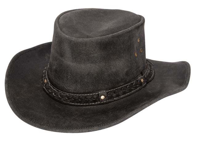 Klassischer Western-Cowboy-Outbackhut aus echtem Leder. Die Krone ist mit einem geflochtenen Band besetzt. Langlebig und dennoch cool und leicht und von erstaunlicher Qualität.