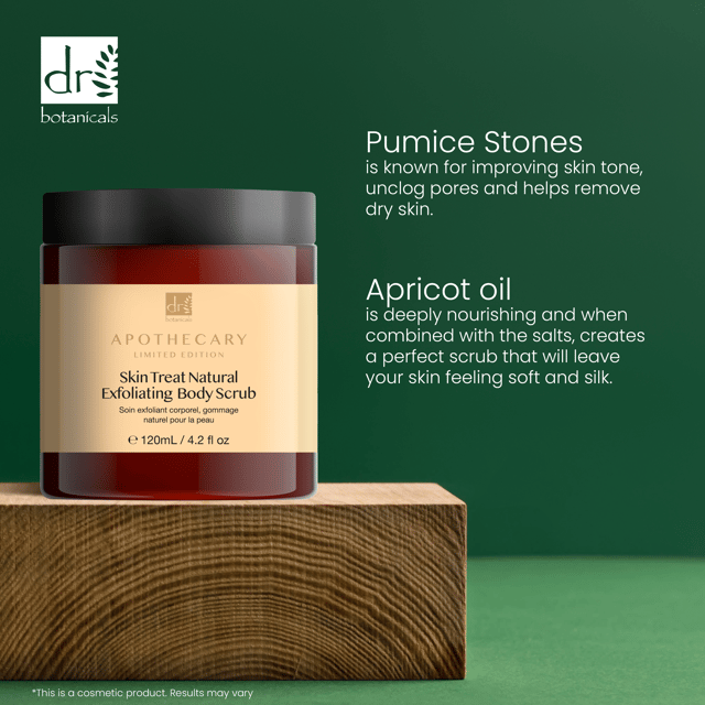 - Reveals smooth and moisturized skin
- Improves skin tone and nourishes deeply
- Leaves skin feeling soft and silky

Experience the ultimate in clean beauty with Skin Treat's Vegan and Natural Exfoliating Body Scrub. This luxurious formula buffs away dead skin, revealing smooth and moisturized skin. Infused with pumice stones and apricot oil, it improves skin tone, nourishes deeply, and leaves your skin feeling soft and silky. Elevate your skincare routine with this trending and effective exfoliating scrub.