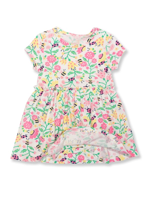 95% organic cotton 5% elastane | Proud to be certified to the Global Organic Textile Standard (GOTS) | Love nature all-over print | Single jersey with a little bit of stretch (180-190 gsm) | Combined bodysuit and dress | Popper crotch and shoulder opening | Short sleeved | Round neck | Made in Turkey | Machine washable at 40 degrees, or at 30 degrees to be kinder to the planet