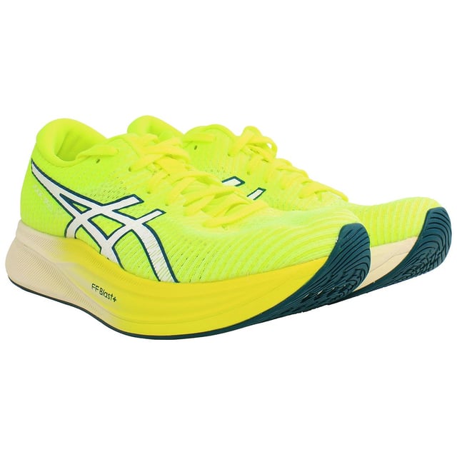 The Asics Magic Speed 2 Women's Yellow Trainers are likely designed for runners seeking a combination of performance, comfort, and style. Here are some features you might find in these trainers:

 Performance-Focused Design: Asics running shoes are typically designed with performance in mind, offering features to enhance running efficiency and comfort.

 Advanced Cushioning Technology: Expect the inclusion of Asics' signature cushioning technology, such as FlyteFoam or GEL cushioning, providing responsive and comfortable support during runs.

 Breathable Upper: The upper of the trainers likely incorporates breathable mesh material to promote airflow and keep the feet cool during runs.

 Lightweight Construction: Asics often emphasizes lightweight construction in their running shoes, allowing for a more agile and efficient running experience.

 Responsive Midsole: The midsole is likely designed to be responsive, providing energy return with each stride to enhance the overall running performance.

 Durable Outsole: The outsole is likely constructed for durability and traction, providing a reliable grip on various surfaces.