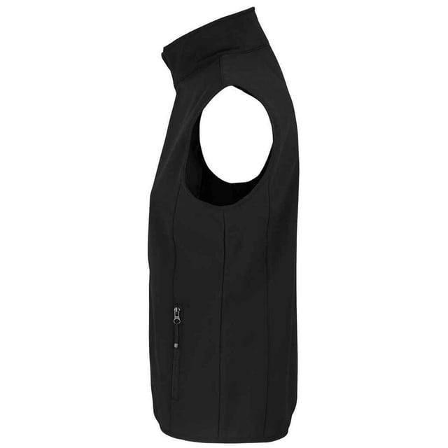 Outer Materials: 94% Recycled Polyester, 6% Elastane. Lining: Fleece, Polyester. Fabric: Softshell. Design: Plain. Fabric Technology: Breathable, Waterproof, Windproof. Bound Armholes, Chin Guard, Elasticated Arm Holes, Inner Zip Guard, Tearaway Label, Three Layers. Sleeve-Type: Sleeveless. Neckline: Standing Collar. Pockets: 1 Chest Pocket, 2 Lower Pockets, Zip. Fastening: Full Zip. Hem: Bound, Elasticated. Sustainability: Amfori, BSCI, Fair Wear Approved, GRS Certified, Oeko-Tex Standard 100 Certified, PETA-Approved Vegan, REACH.