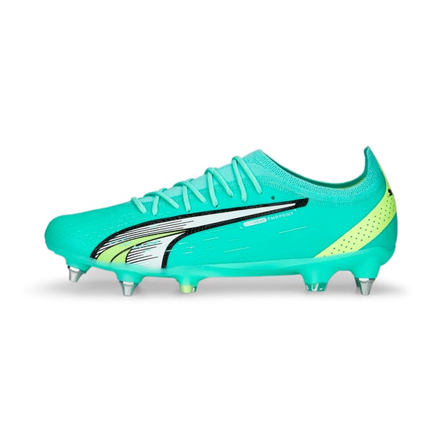 PRODUCT STORY: ULTRA - Not even you knew you could be this fast. Turn seconds into records with the ULTRA ULTIMATE football boot. Lighter means quicker, so the ULTRAWEAVE upper material makes every gram and every second count. The dual-density SPEEDPLATE tooling is inspired by PUMA’s track running heritage (fast), made of high-performance PEBA material (light), and optimized for direct-speed stability and propulsion (sweet). Ultra-light. Ultra-fast. ULTRA ULTIMATE. FEATURES & BENEFITS : Recycled content: The upper of this shoe is made with at least 20% recycled materials as a step towards a better future; ULTRAWEAVE: Ultra-light, engineered fabric with a structured, 4-way stretch that reduces weight and friction. Built for athletes looking to increase speed and strength; PWRTAPE: Targeted upper reinforcement for support and durability; SPEEDPLATE: Dual-density outsole for next-level traction and propulsion.DETAILS : Lightweight removable sockliner with NanoGrip technology keeps the foot from slipping inside the boot; MxSG: Mixed soft ground outsole; Suitable for use on soft natural surfaces.
