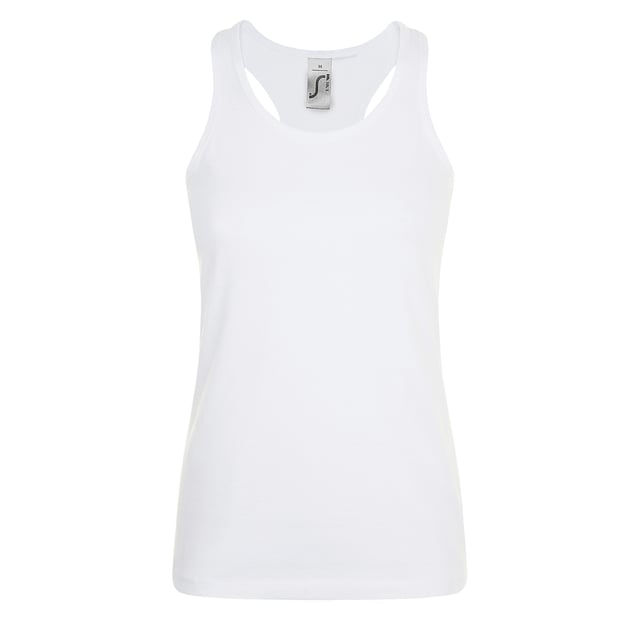 Damesvest. Damespasvorm. Ribbinding aan nek- en armsgaten. Racer back stijl. Buislichaam. Zoom met dubbele naald. 150 g/m². Stof: 100% Semi-Combed Ringspun Katoen. Dames Borstomvang: XS: 6/8 UK, S: 8/10 UK, M: 10/12 UK, L: 12/14 UK, XL: 14/16 UK, XXL: 16/18 UK.