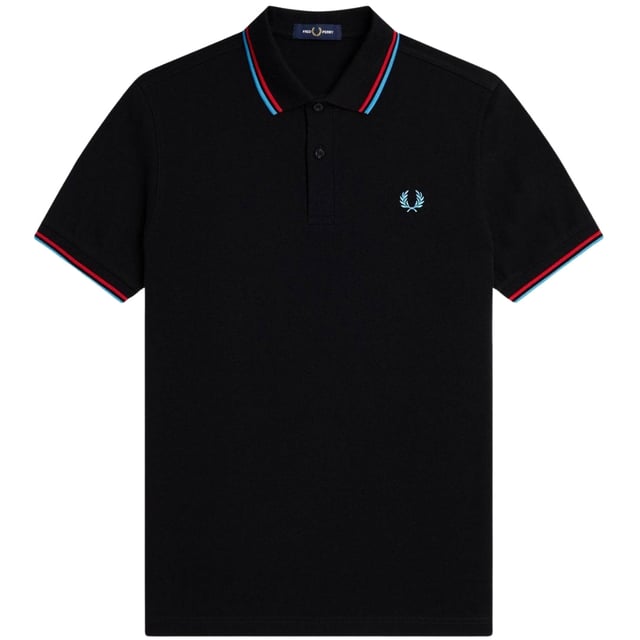 Fred Perry Svart Polotröja, Mönster På Kragen, Knäppning Vid Halsen. 100% Bomull, Kortsleeve, Svart Polo.