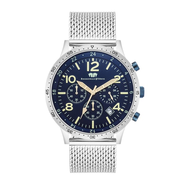 The timepiece from the Rhodenwald & Sons manufacture combines the design masculine chronograph with the elegance of a dresswatch. The model from the "Flight Captain" series is inspired by the tricompax arrangement of classic pilot watches and scores with a 24-hour display, stopwatch and date. In terms of color, the totalists fit harmoniously into the elegantly designed dial - a reliable companion with the aura of freedom, adventure and fame. The clock inspires with a robust stainless steel case, luminiscant sticker and a precise quartz train. A fine-broken Milanais bracelet made of stainless steel with sliding lock rounds off the first-class equipment.