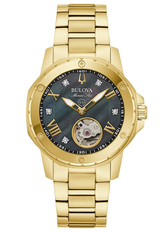 This Bulova Marine Star Analogue Watch for Women is the perfect timepiece to wear or to gift. It's Gold 36 mm Round case combined with the comfortable Gold Stainless steel watch band will ensure you enjoy this stunning timepiece without any compromise. Operated by a high quality Automatic movement and water resistant to 10 bars, your watch will keep ticking. This high quality watch is an incredible eye-catching Women's watch. This Analogue watch has a function: Luminous Hands High quality 19 cm length and 17 mm width Gold Stainless steel strap with a Deployment clasp Case diameter: 36 mm,case thickness: 10 mm, case colour: Gold and dial colour: Mother of pearl