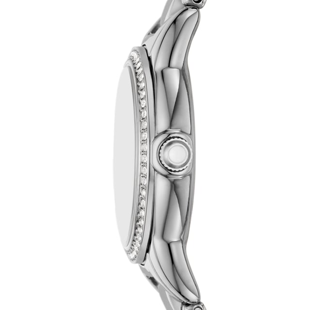 This Emporio Armani Mia Analogue Watch for Women is the perfect timepiece to wear or to gift. It's Silver 26 mm Round case combined with the comfortable Silver Stainless steel watch band will ensure you enjoy this stunning timepiece without any compromise. Operated by a high quality Quartz movement and water resistant to 5 bars, your watch will keep ticking. Elegant and fashionable watch that is suitable for the daily life of every Women. High quality 19 cm length and 13 mm width Silver Stainless steel strap with a Deployment clasp Case diameter: 26 mm,case thickness: 7 mm, case colour: Silver and dial colour: Mother of pearl