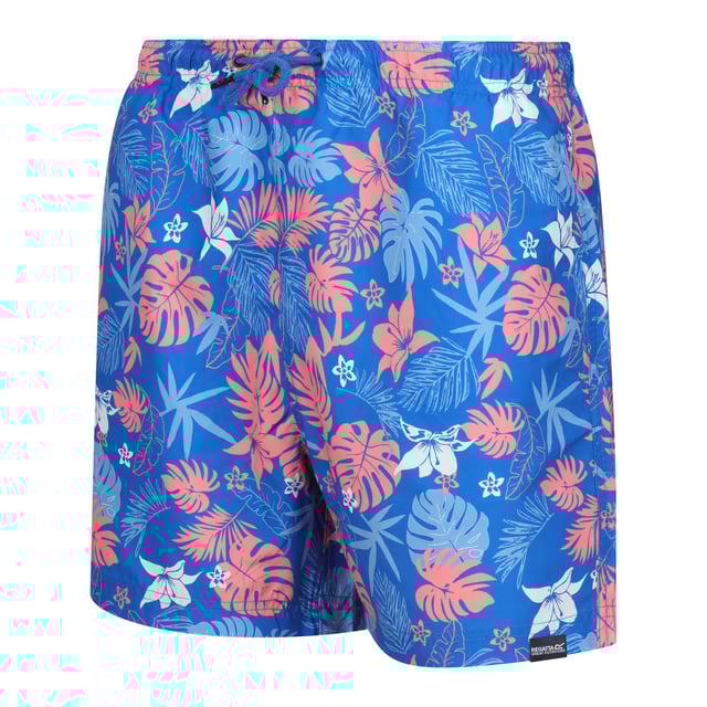 100% Recycled Polyester. Fabric: Microfibre, Seersucker. Design: Hawaiian, Logo, Printed. Pockets: 2 Side Pockets, 1 Back Pocket, 1 Security Pocket. Fastening: Pull-On. Fabric Technology: Durable, Lightweight, Quick Dry, Soft. Inner Brief. Length: Long. Waistline: Drawcord, Elasticated. Sustainability: Made from Recycled Materials.