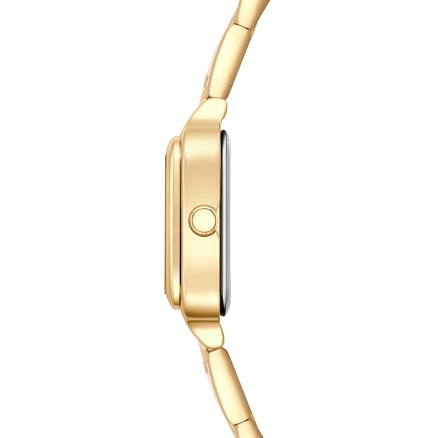 GENERAL INFORMATION:  • Targetgroup: Female  • Wristwatch: No Special Functions  • Display: analogue  • Weight of watch w/o box (gr.) - approx.: 59,0  MOVEMENT:  • Movement: Quartz  • Term of Movement: 2025  • Origin of movement: Japan  BRACELET:  • Material of bracelet/strap: Stainless steel  • Plating of bracelet/strap: Ion-Plating (IP)  • Finishing of bracelet/strap: Smooth  • Finishing/Decoration of bracelet/strap: None  • Clasp/Closure/Buckle: Security-folding clasp  • Color of bracelet/strap: Yellowgold  • Length of bracelet/strap (mm) approx.: 210,0  • Width of bracelet/strap (mm) approx.: 13,8  • Style/Design of bracelet/strap: Link bracelet  • Bracelet/strap adjustable?: Yes  CASE:  • Shape of case: Square  • Size/Diameter of case in mm . approx.: 25,0 x 32,0  • Height of case in mm: 8,1  • Case material: Metal (Alloy)  • Surface of case: Polished  • Bezel/Topring: Fixed  • Finishing/Decoration of case: None  • Material of case back: Stainless steel  • Lock of case back: No screwed-in crown  • Color of case: Yellowgold  • Coating/Plating (Case): Ion-Plating (IP)  • Type/Form of crystal: Flat  • Material of crystal: Mineral crystal  DIAL:  • Size jewelry care cloth: Hour, Minute  • Indices: Line indices  • Material of dial: Mother of Pearl (MOP)  • Structure/pattern of dial: Flat  • Color of dial: Gold-colored  PUSHER, CROWN, HAND:  • Pusher: None  • Corrector: No  • Crown: No screwed-in crown  • Type of hands: Pole hand  • Luminescent (hands): No  PACKAGING & SCOPE OF DELIVERY:  • Box: Yes  • Service booklet: Yes  • Manual: Yes