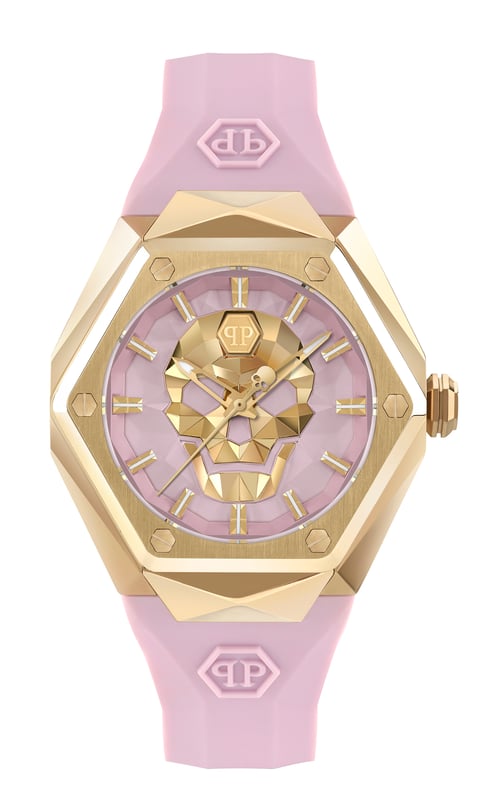 This Philipp Plein $kull Spikes Analogue Watch for Women is the perfect timepiece to wear or to gift. It's Gold 40 mm Round case combined with the comfortable Pink Silicone watch band will ensure you enjoy this stunning timepiece without any compromise. Operated by a high quality Quartz movement and water resistant to 5 bars, your watch will keep ticking. Philipp Plein has certainly understood that femininity can be fierce, and that the most elegant moments often arise from the boldest of actions. This Analogue watch has a  function: Luminous Hands and Luminous Numbers High quality 19 cm length and 21 mm width Pink Silicone strap with a Buckle Case diameter: 40 mm,case thickness: 11 mm, case colour: Gold and dial colour: Pink