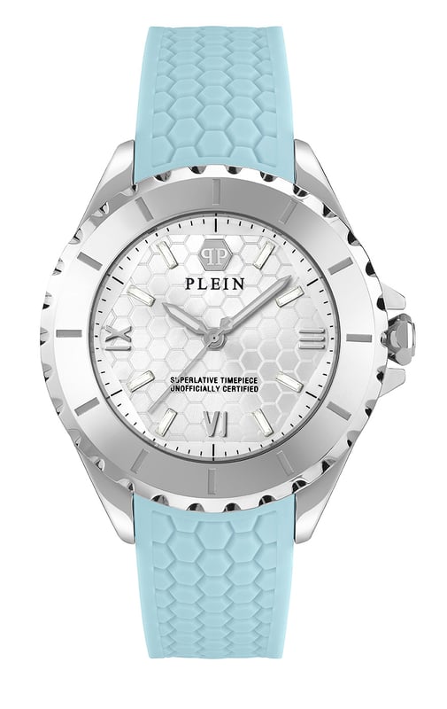 This Philipp Plein Plein Heaven Analogue Watch for Women is the perfect timepiece to wear or to gift. It's Silver 38 mm Round case combined with the comfortable Blue Silicone watch band will ensure you enjoy this stunning timepiece without any compromise. Operated by a high quality Quartz movement and water resistant to 5 bars, your watch will keep ticking. Philipp Plein’s Heaven watches represent the epitome of sophistication and technical mastery within the world of luxury timepieces. This Analogue watch has a  function: Luminous Hands High quality 19 cm length and 18 mm width Blue Silicone strap with a Buckle Case diameter: 38 mm,case thickness: 12 mm, case colour: Silver and dial colour: Silver