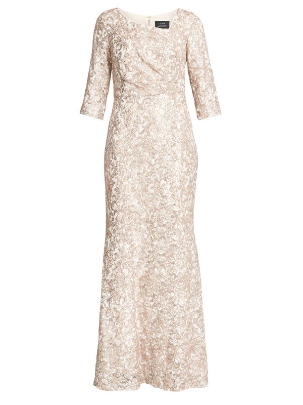 Lilenne Asymmetrical Neck 3 4 Sleeve Sequin Lace Dress