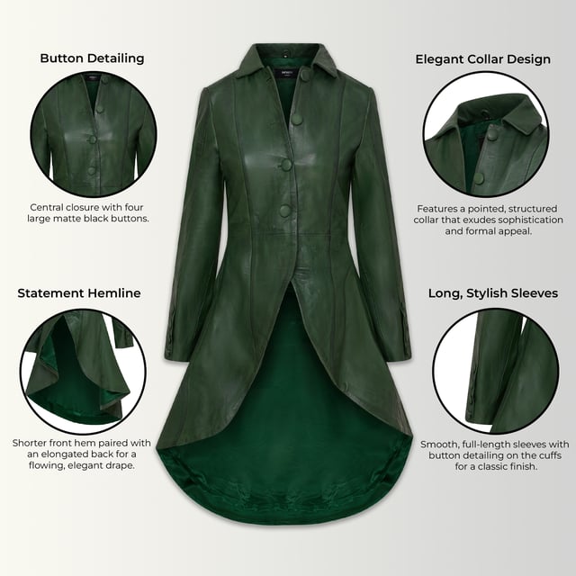 Deze lange jas, geïnspireerd op Victoriaanse en Edwardiaanse stijlen, heeft een strak uitlopend design gemaakt van 100% premium leer. Perfect voor gothic en punk mode, het is een gedurfd statement piece dat vintage charme combineert met een moderne rand. Lange uitlopende jas voor een opvallende look Gemaakt van 100% premium leer voor duurzaamheid en luxe Victoriaanse en Edwardiaanse invloeden met een eigentijdse twist Perfect voor gothic, punk of alternatieve modestijlen