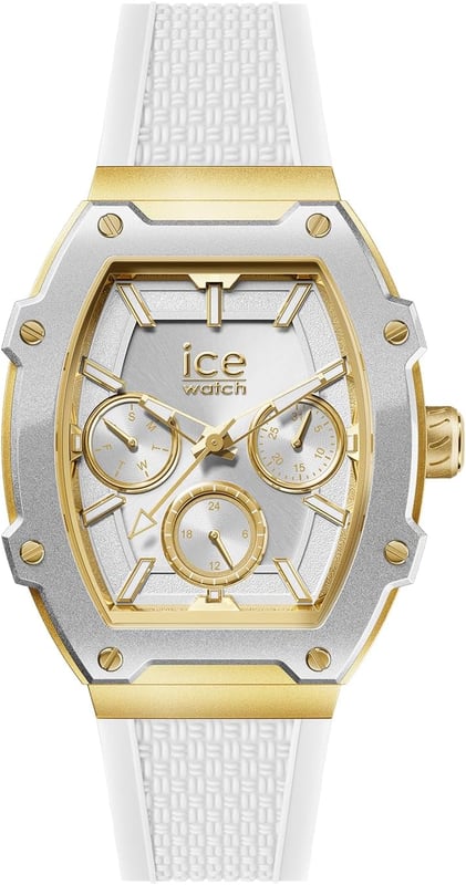 This Ice Watch Ice Boliday - White Gold Multi Dial Watch for Men is the perfect timepiece to wear or to gift. It's Gold  Tonneau case combined with the comfortable White Silicone watch band will ensure you enjoy this stunning timepiece without any compromise. Operated by a high quality Quartz movement and water resistant to 5 bars, your watch will keep ticking. Stand out from the crowd with the ICE boliday - White gold. Its pure, immaculate white hue evokes the freshness of snowy landscapes, adding a touch of sophistication to your style. This Multi Dial watch has a calendar function: Day-Date as well as 24-hour Display , Luminous Hands and Luminous Numbers High quality 21 cm length and 21 mm width White Silicone strap with a Buckle Case measurement: 39 X 50 mm,case thickness: 12 mm, case colour: Gold and dial colour: White