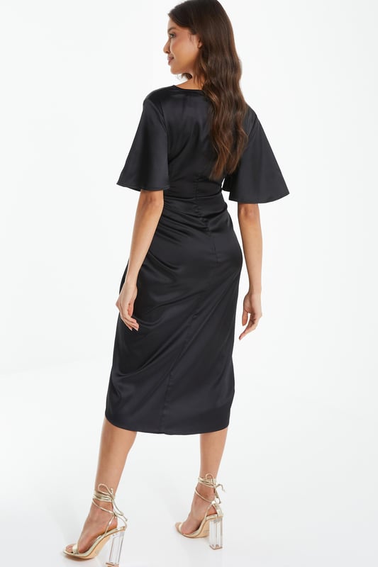 Black Printed Satin Wrap Dress