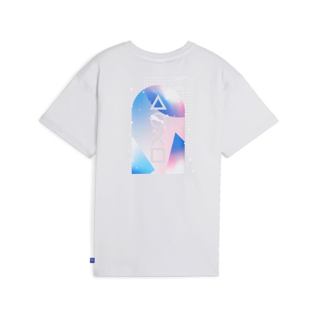 PRODUCT STORY: The PUMA x PLAYSTATION collab is all about the two legends teaming up to push the boundaries of reality with pieces that take cues from the visionary gaming world so you can tackle all your daily quests. This tee features a graphic and colours that pay tribute to the PlayStation console. FEATURES & BENEFITS: Made with at least 20% recycled cotton. DETAILS: Relaxed fit; 160 gsm, single jersey fabric; Crew neck; Short sleeves; Semi-rubber print graphic; PUMA x PLAYSTATION co-branding; PUMA Youth: Recommended for older kids between 8 and 16 years.